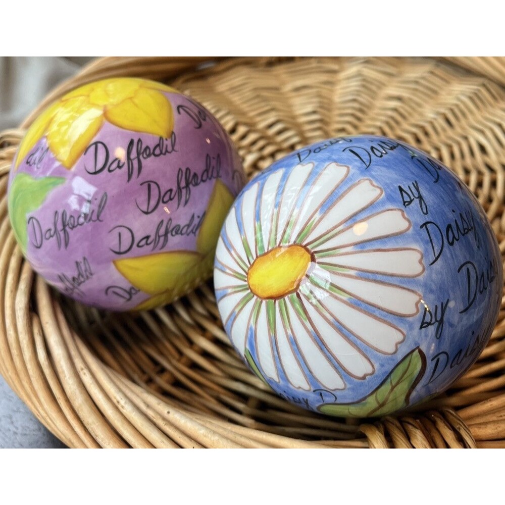 Set of 2 Decorative Handpainted Floral Ceramic Balls Spheres Daffodil Daisy 4"
